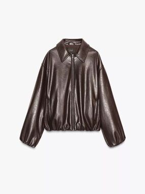 Zara Faux Leather Bomber Jacket - Dark Brown